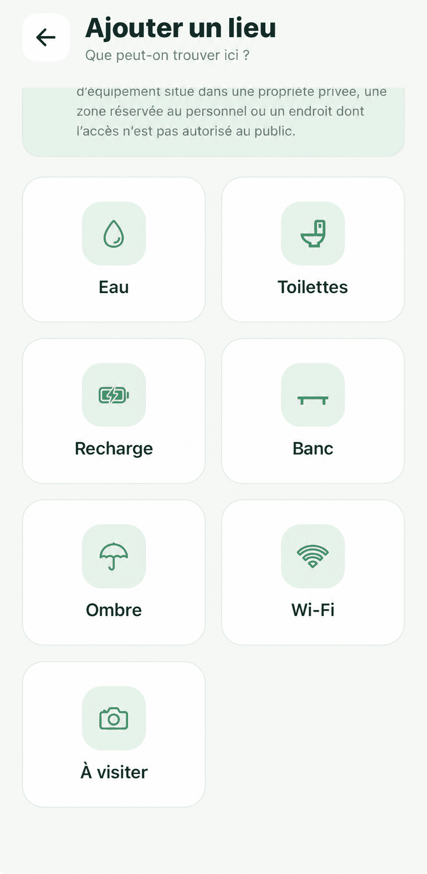 Choix du type de lieu dans IciOuLà